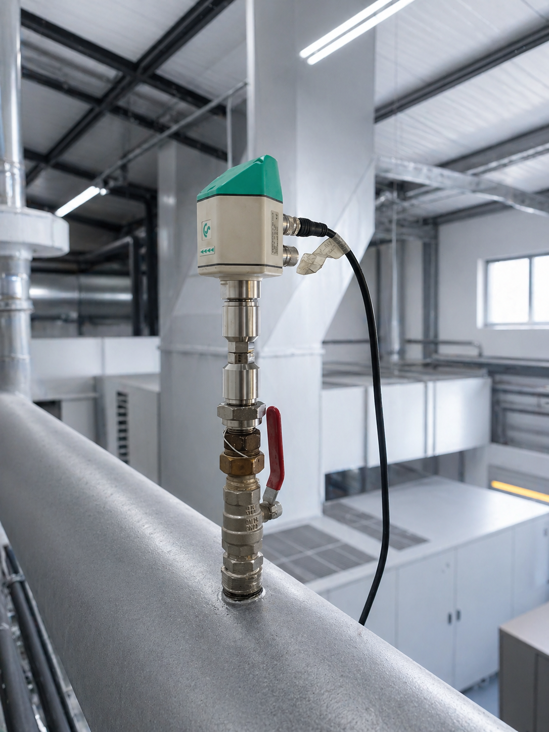 Kompresör çıkış hattına monte edilmiş debi ölçüm sensörü